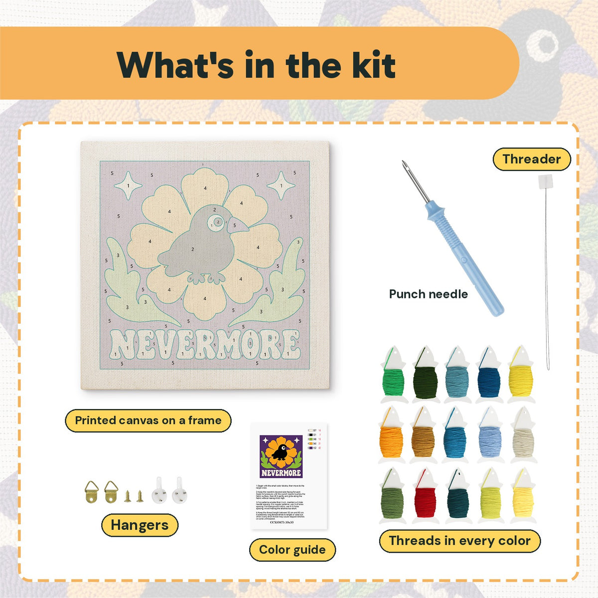 What is in the Nevermore Crow kit: printed canvas, punch needle, threader, threads, color guide and hangers