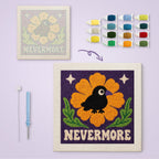 Nevermore Crow canvas before and after punching, with the threads and tools