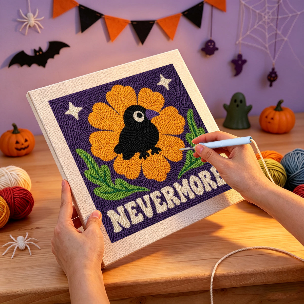 Punching the Nevermore Crow design with the punch needle