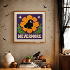 Finished Nevermore Crow punch needle canvas on a wall