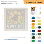 Nevermore Crow punch needle kit, 20 × 20 in (50 × 50 cm): canvas size and kit contents
