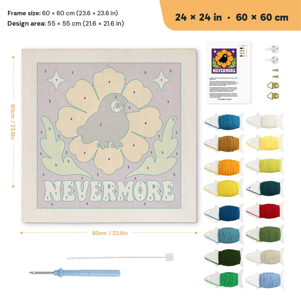 Nevermore Crow punch needle kit, 24 × 24 in (60 × 60 cm): canvas size and kit contents