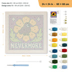 Nevermore Crow punch needle kit, 24 × 24 in (60 × 60 cm): canvas size and kit contents
