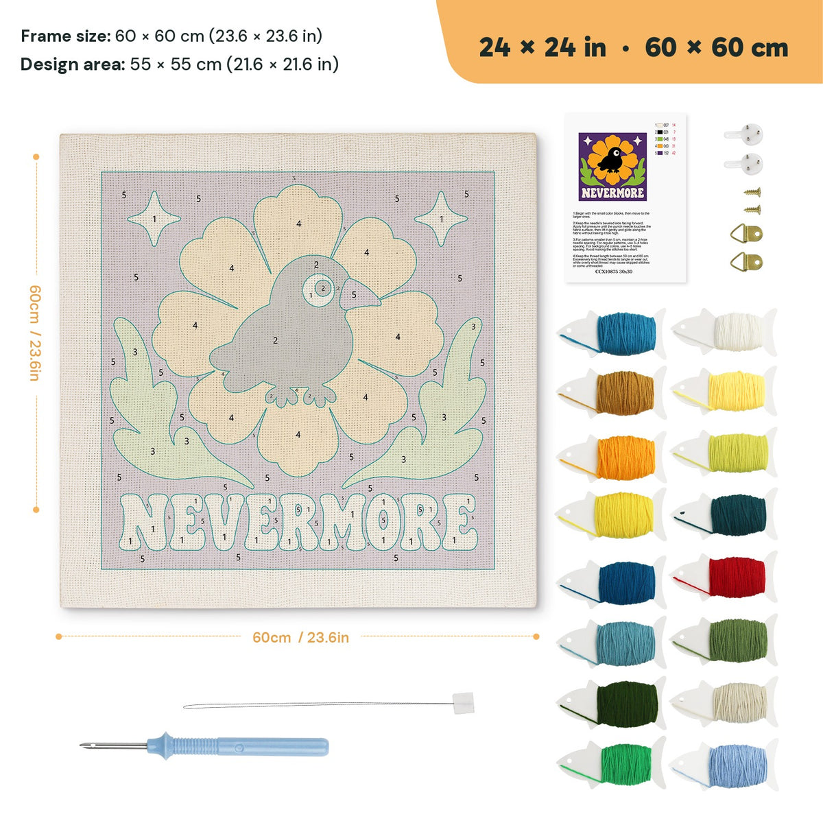 Nevermore Crow punch needle kit, 24 × 24 in (60 × 60 cm): canvas size and kit contents
