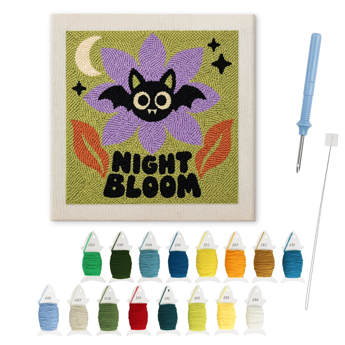 Night Bloom Bat punch needle kit: finished canvas with threads, punch needle and threader