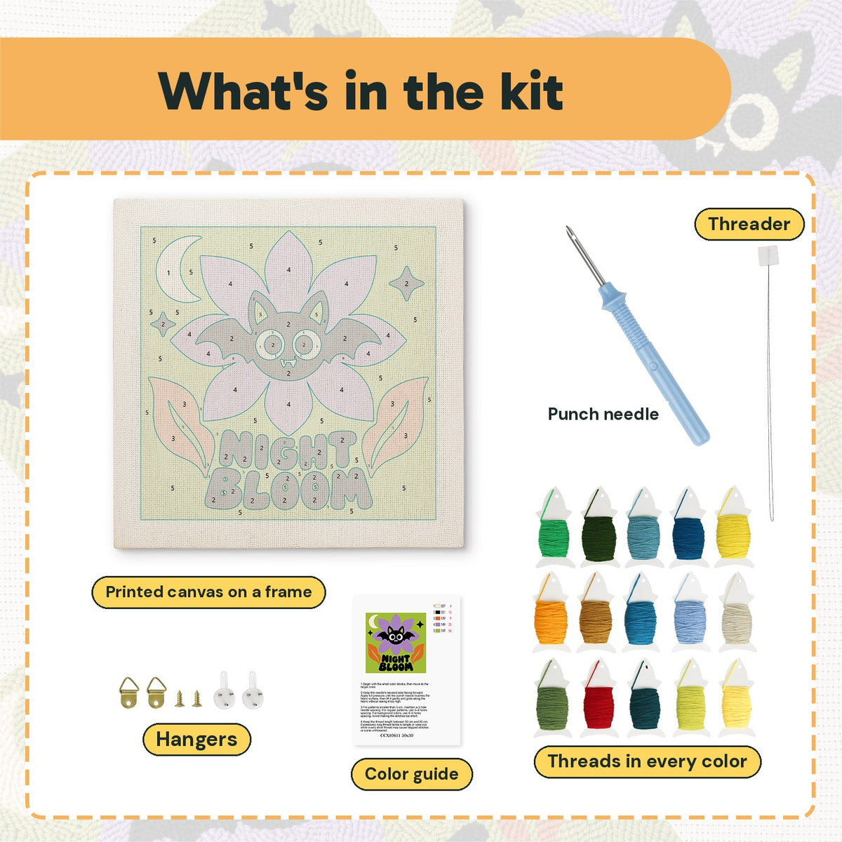 What is in the Night Bloom Bat kit: printed canvas, punch needle, threader, threads, color guide and hangers