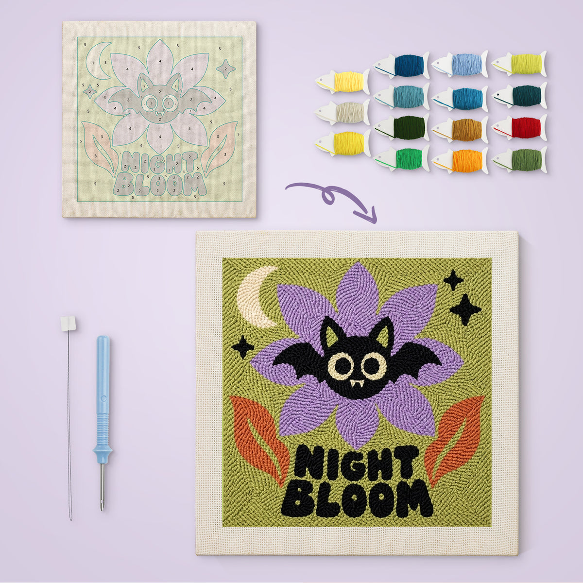 Night Bloom Bat canvas before and after punching, with the threads and tools