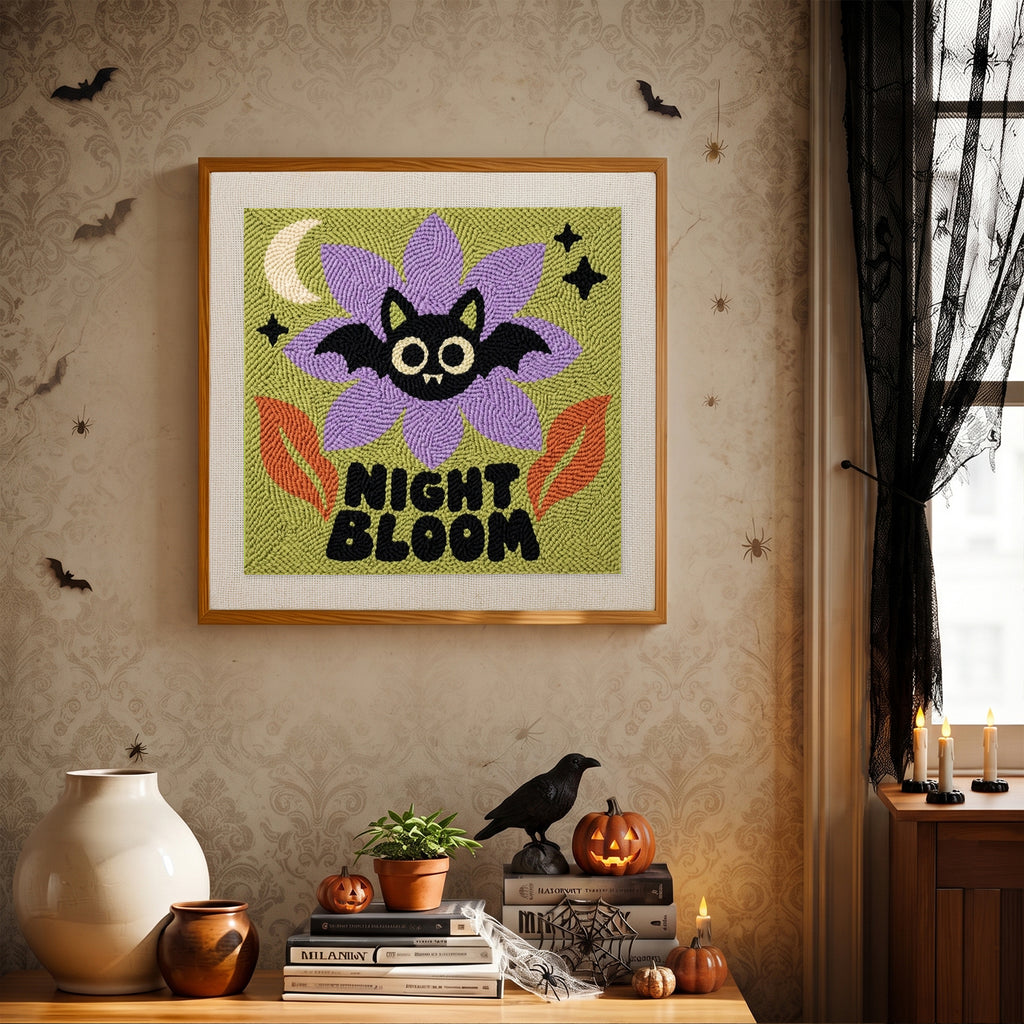 Finished Night Bloom Bat punch needle canvas on a wall