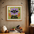 Finished Night Bloom Bat punch needle canvas on a wall