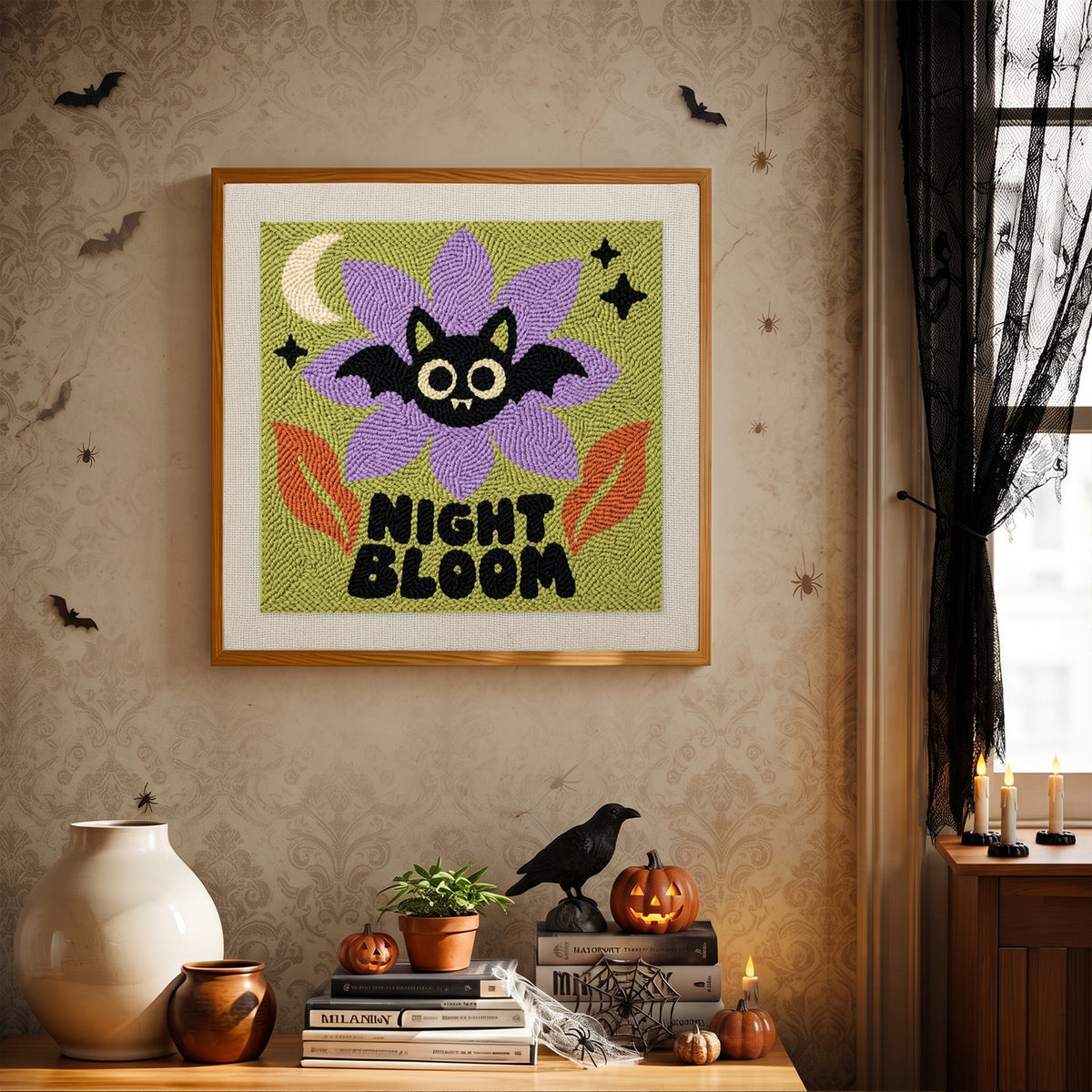 Finished Night Bloom Bat punch needle canvas on a wall
