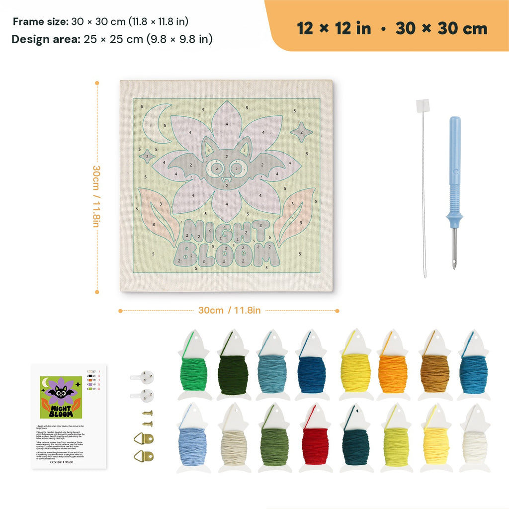 Night Bloom Bat punch needle kit, 12 × 12 in (30 × 30 cm): canvas size and kit contents