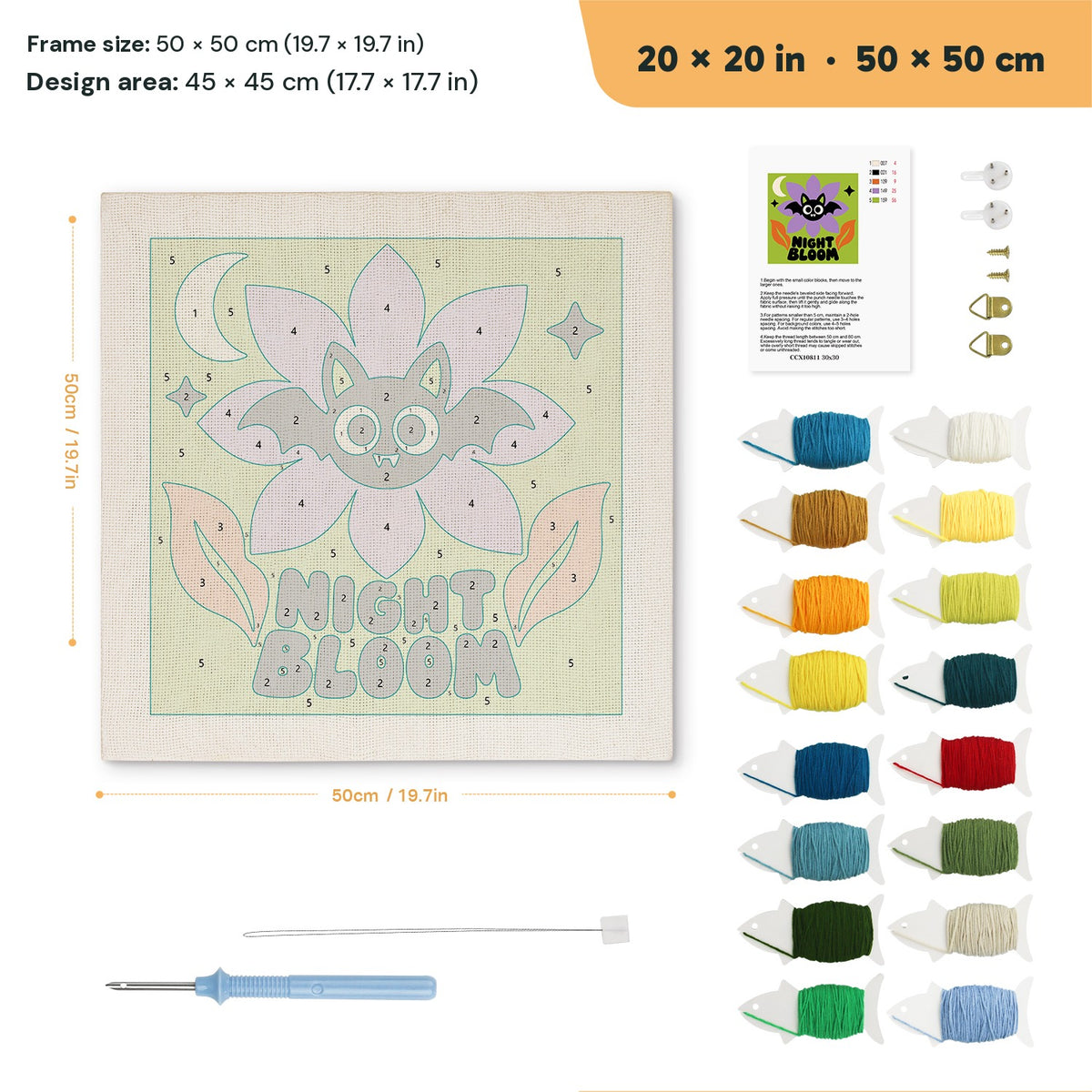 Night Bloom Bat punch needle kit, 20 × 20 in (50 × 50 cm): canvas size and kit contents