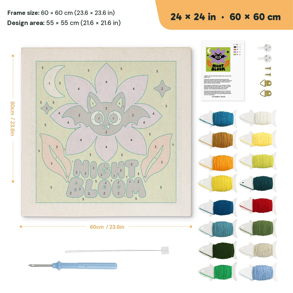 Night Bloom Bat punch needle kit, 24 × 24 in (60 × 60 cm): canvas size and kit contents