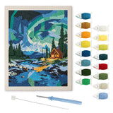 Northern Lights Cabin punch needle kit: finished canvas with threads, punch needle and threader