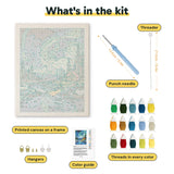 What is in the Northern Lights Cabin kit: printed canvas, punch needle, threader, threads, color guide and hangers
