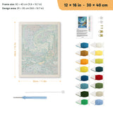 Northern Lights Cabin punch needle kit, 12 × 16 in (30 × 40 cm): canvas size and kit contents