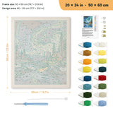 Northern Lights Cabin punch needle kit, 20 × 24 in (50 × 60 cm): canvas size and kit contents