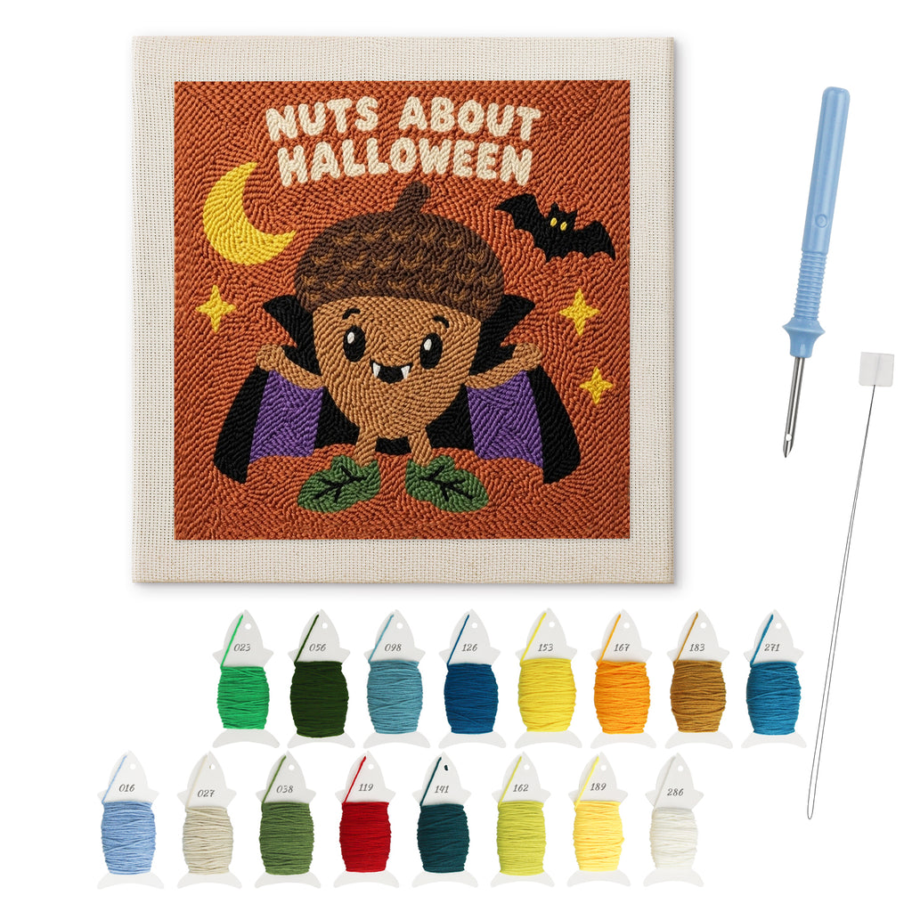 Nuts About Halloween punch needle kit: finished canvas with threads, punch needle and threader