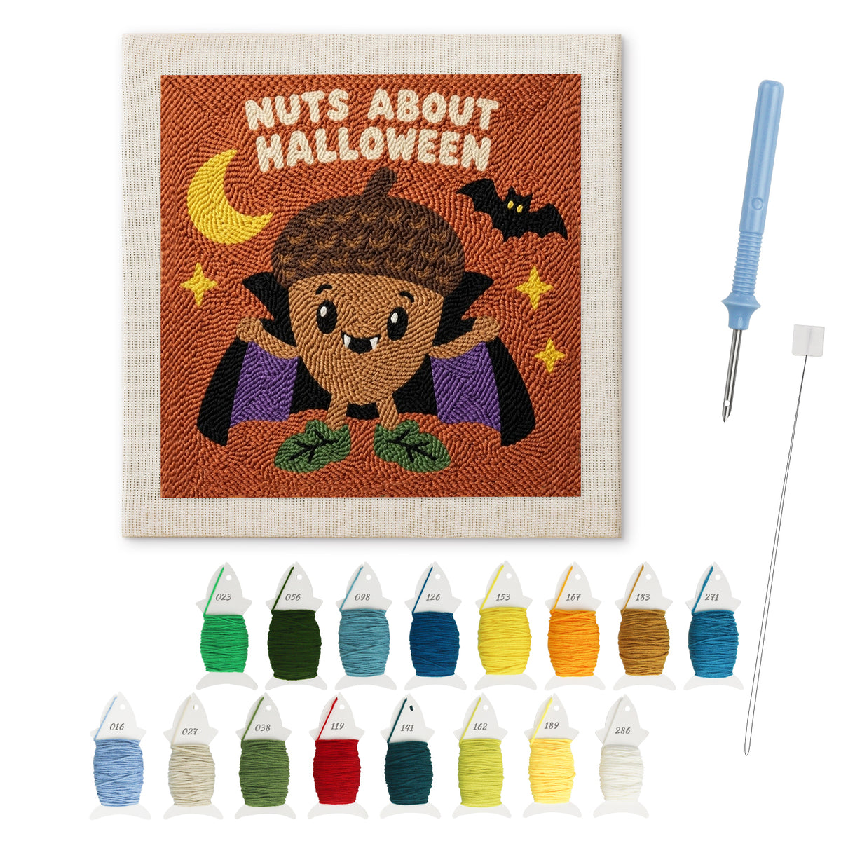 Nuts About Halloween punch needle kit: finished canvas with threads, punch needle and threader
