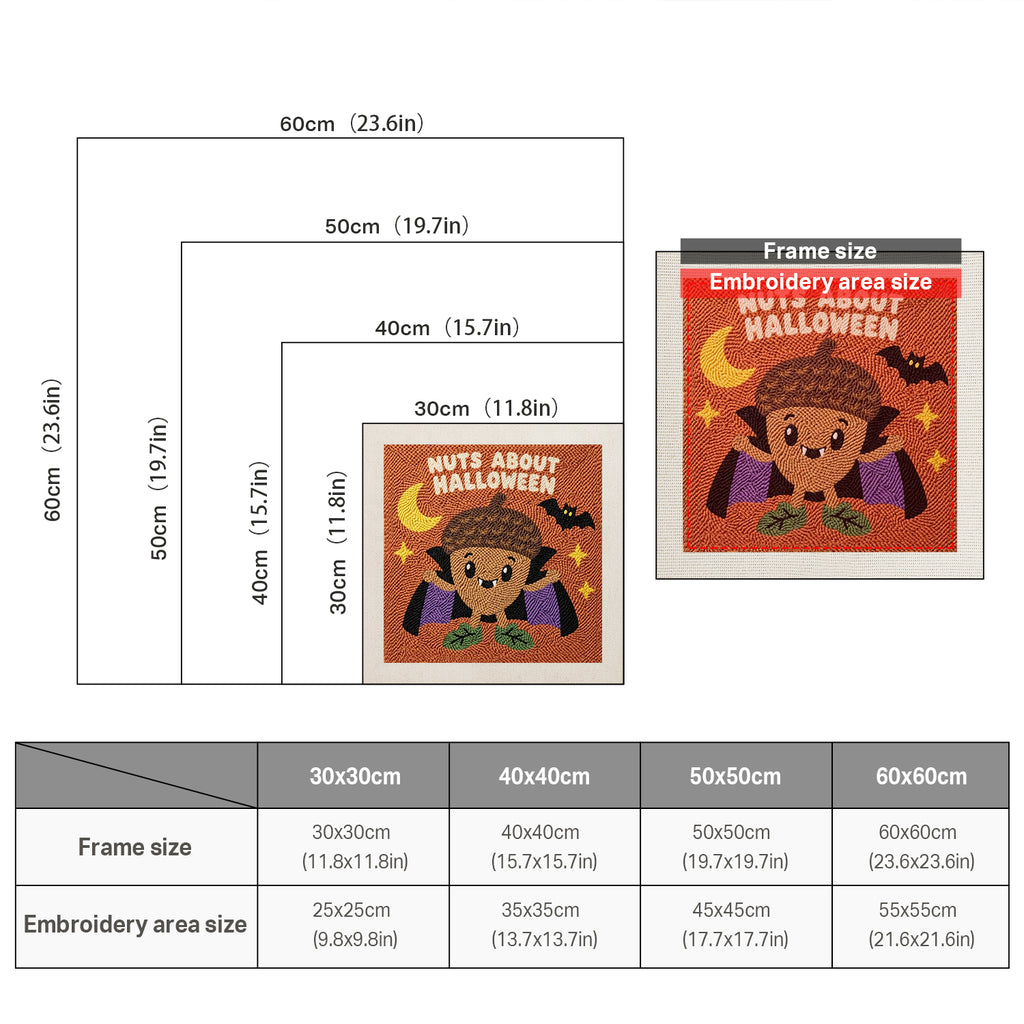 Size chart for square punch needle kits from 30 x 30 cm to 60 x 60 cm
