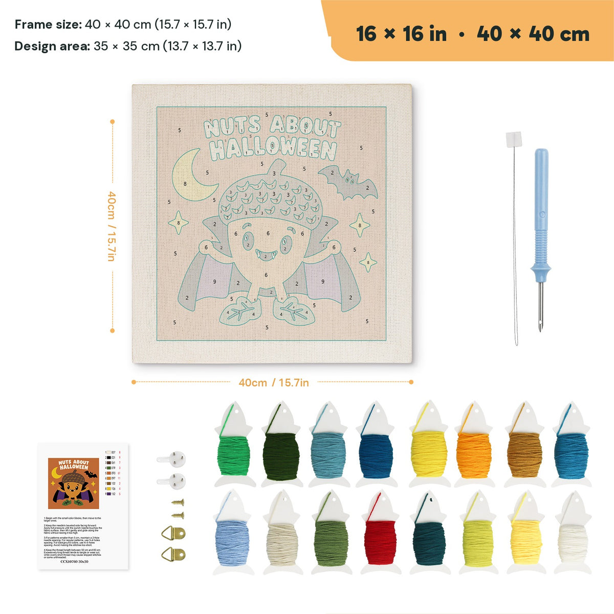 Nuts About Halloween punch needle kit, 16 × 16 in (40 × 40 cm): canvas size and kit contents