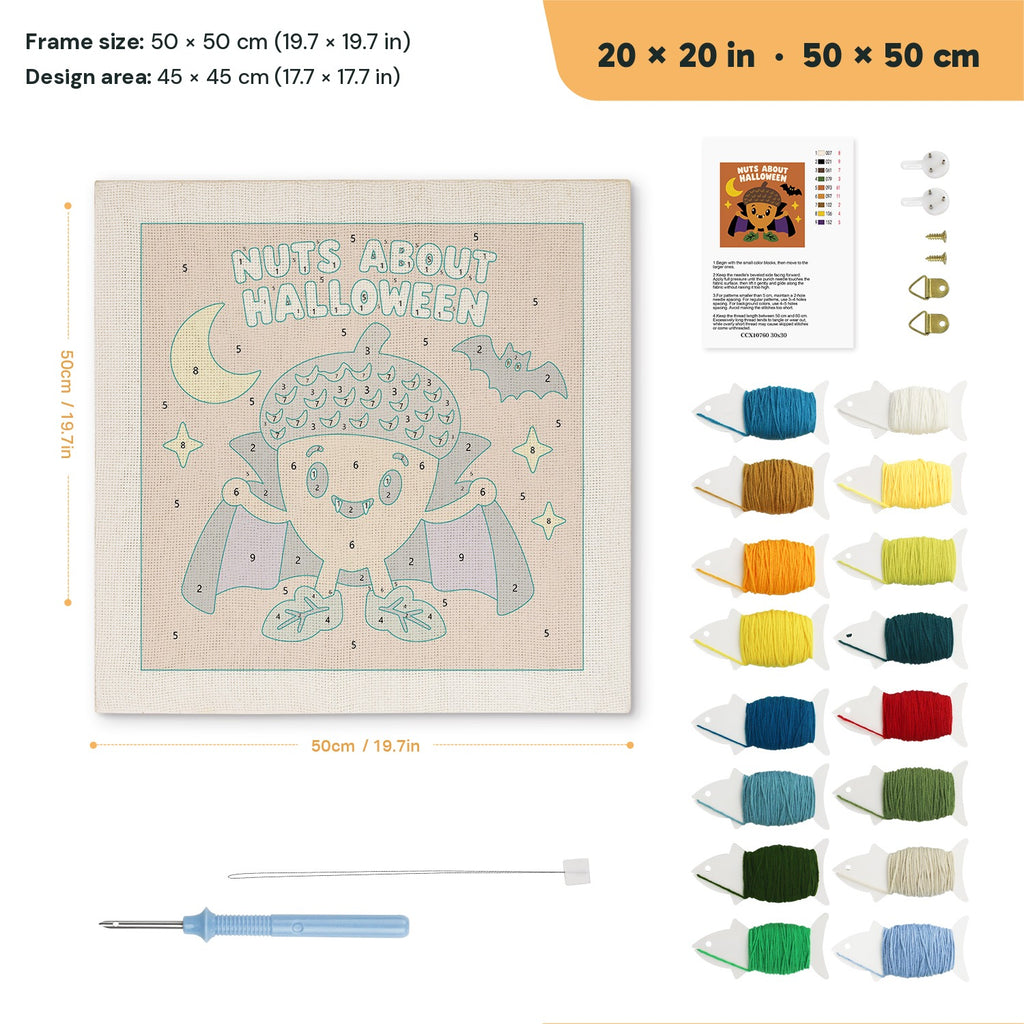 Nuts About Halloween punch needle kit, 20 × 20 in (50 × 50 cm): canvas size and kit contents