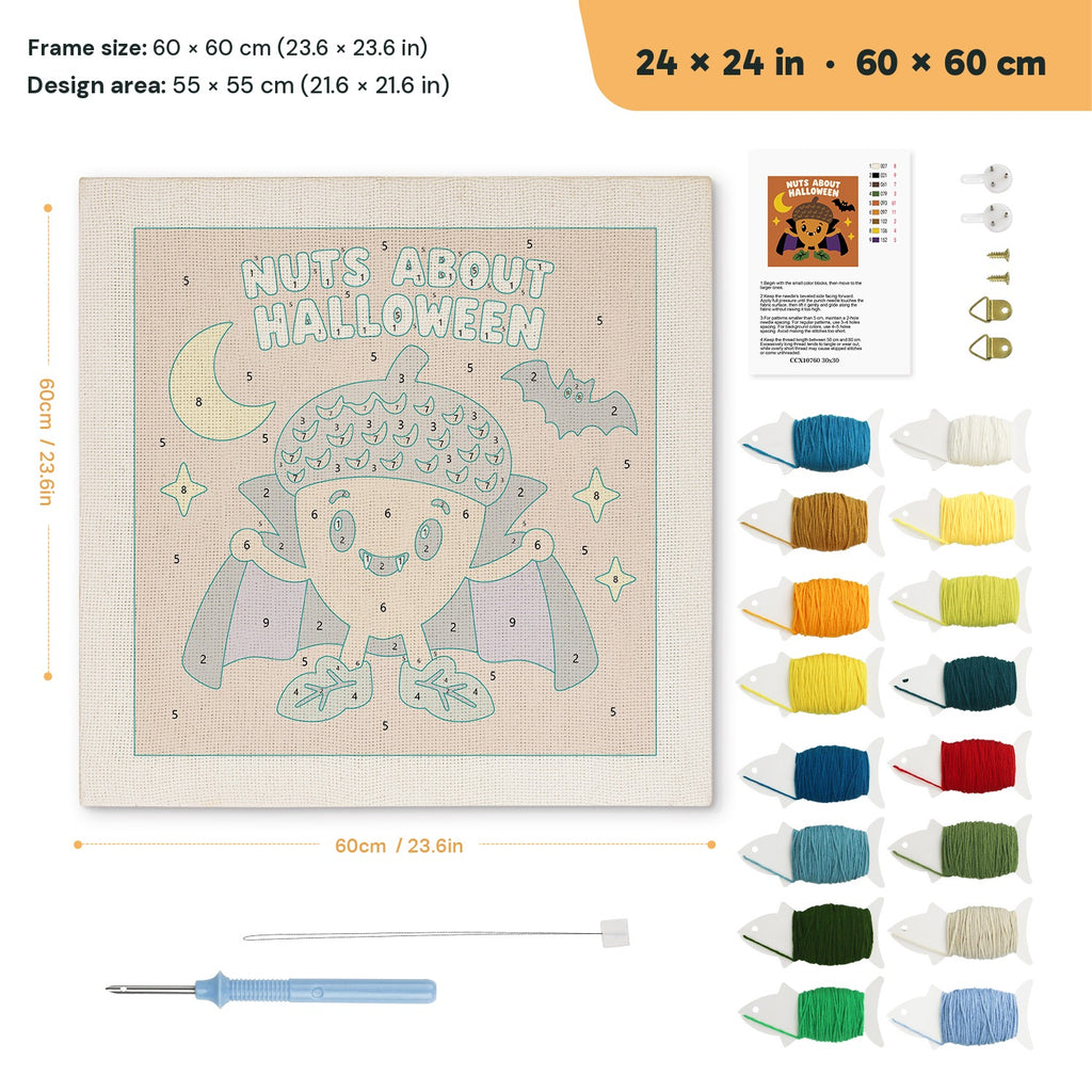 Nuts About Halloween punch needle kit, 24 × 24 in (60 × 60 cm): canvas size and kit contents