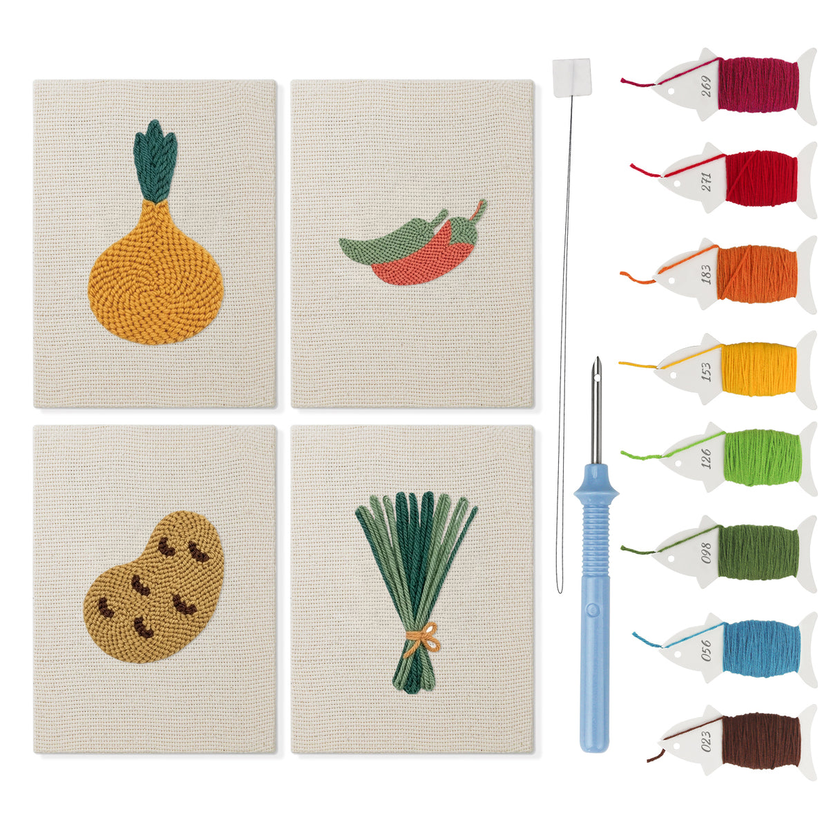 Onion and Chilies mini punch needle kit set: four finished canvases with threads, punch needle and threader