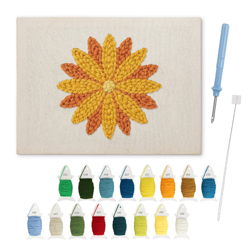 Orange Dahlia punch needle kit: finished canvas with threads, punch needle and threader