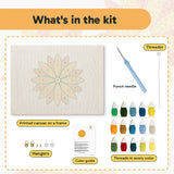 What is in the Orange Dahlia kit: printed canvas, punch needle, threader, threads, color guide and hangers