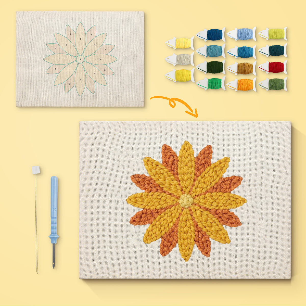 Orange Dahlia canvas before and after punching, with the threads and tools