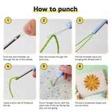 Six steps showing how to thread and use the punch needle