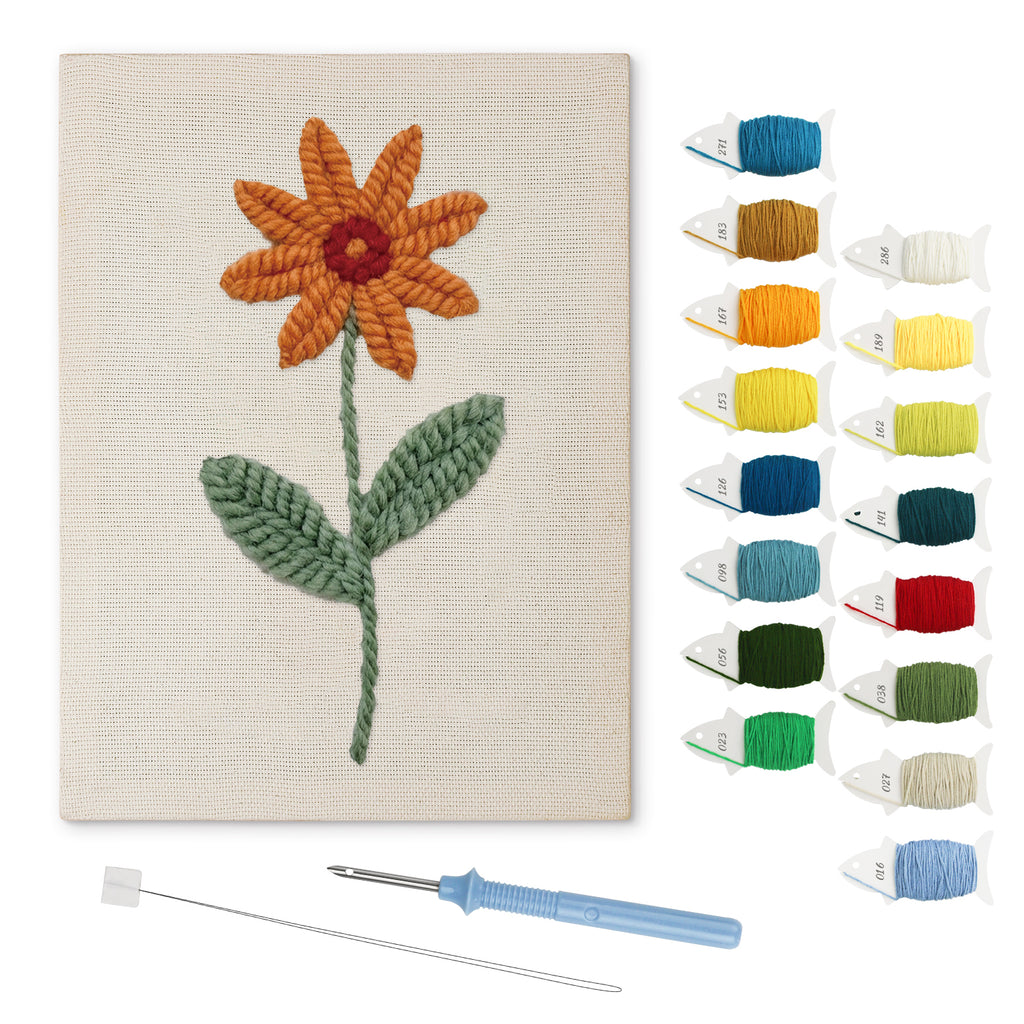 Orange Daisy punch needle kit: finished canvas with threads, punch needle and threader
