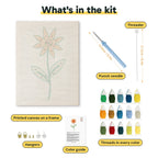 What is in the Orange Daisy kit: printed canvas, punch needle, threader, threads, color guide and hangers