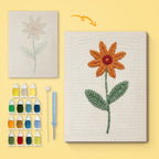 Orange Daisy canvas before and after punching, with the threads and tools