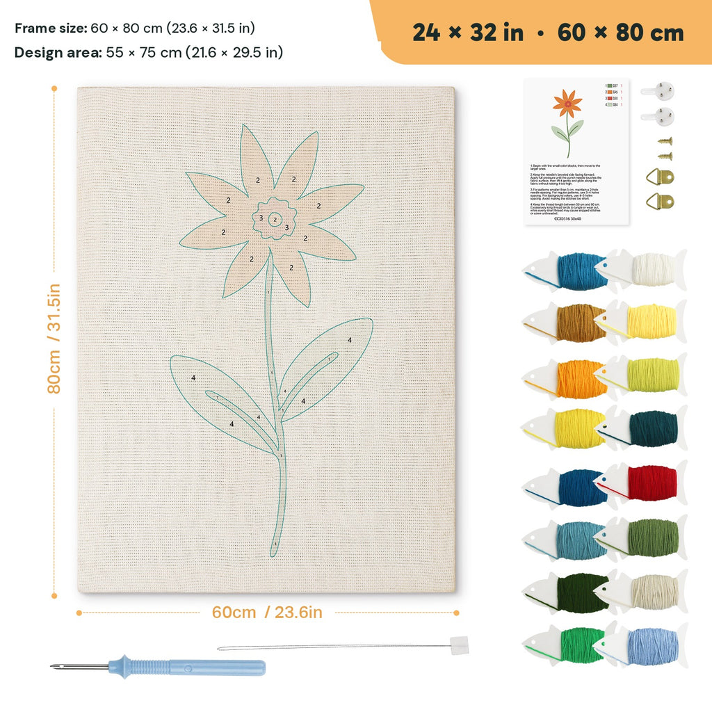 Orange Daisy punch needle kit, 24 × 32 in (60 × 80 cm): canvas size and kit contents