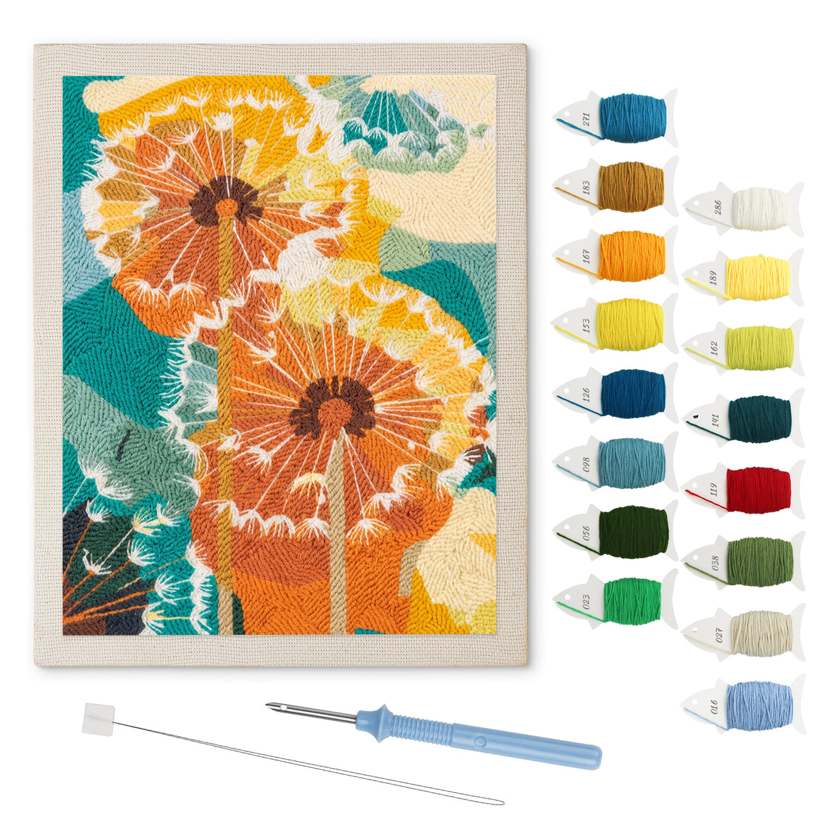 Orange Dandelions punch needle kit: finished canvas with threads, punch needle and threader