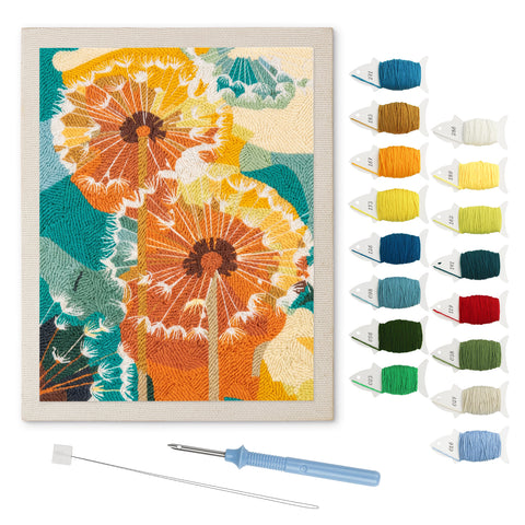 Orange Dandelions punch needle kit: finished canvas with threads, punch needle and threader