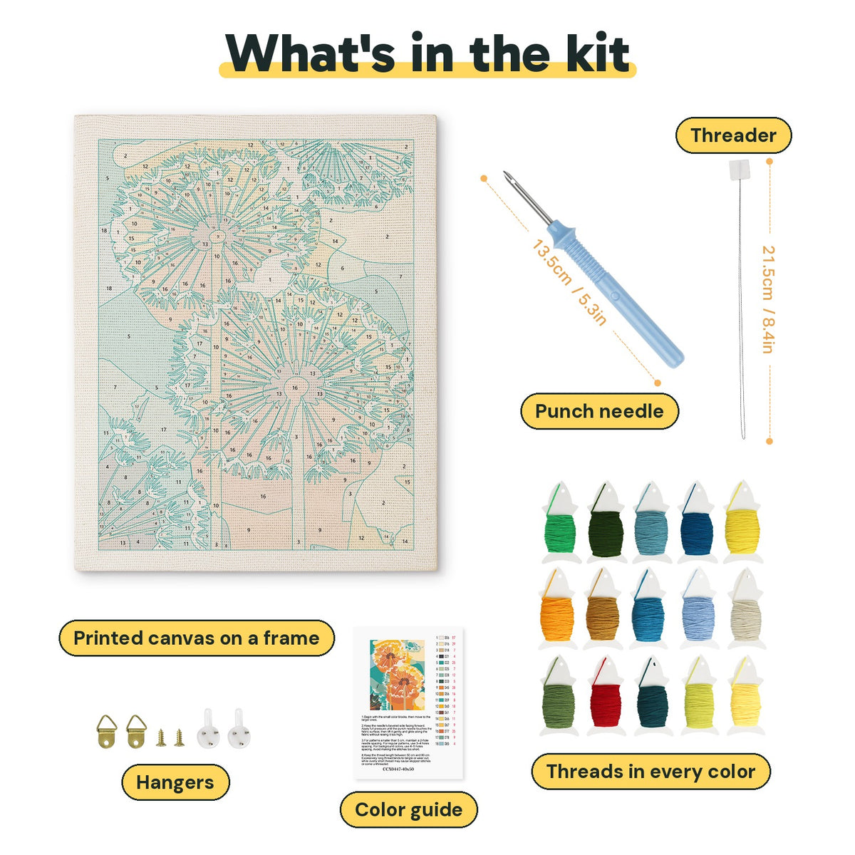 What is in the Orange Dandelions kit: printed canvas, punch needle, threader, threads, color guide and hangers