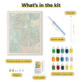 What is in the Orange Dandelions kit: printed canvas, punch needle, threader, threads, color guide and hangers