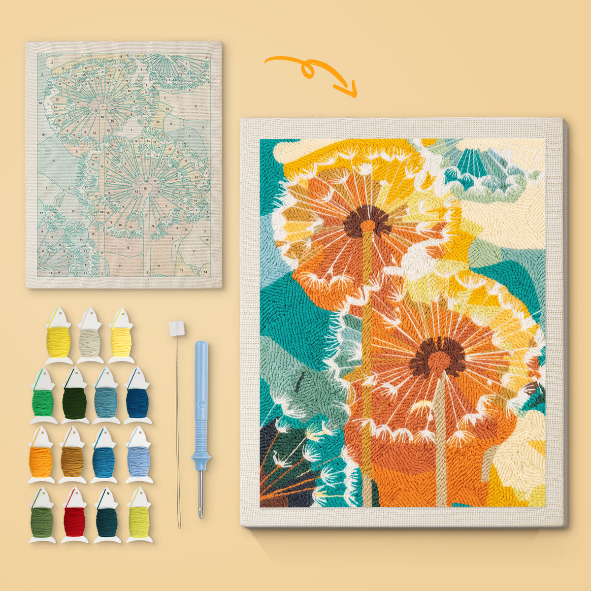 Orange Dandelions canvas before and after punching, with the threads and tools