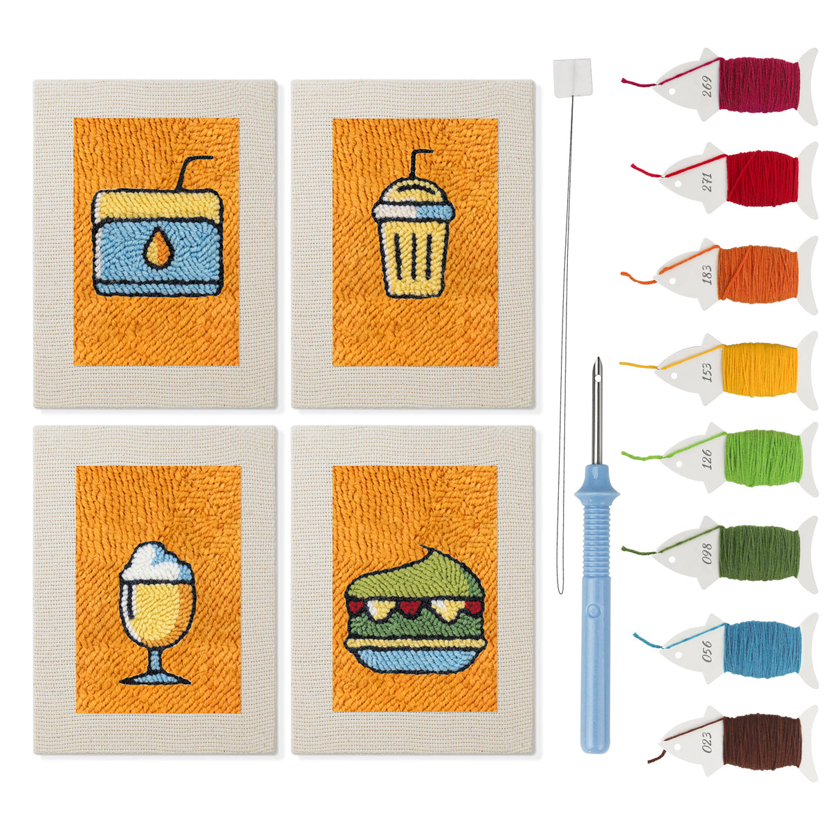 Orange Drink Stand mini punch needle kit set: four finished canvases with threads, punch needle and threader