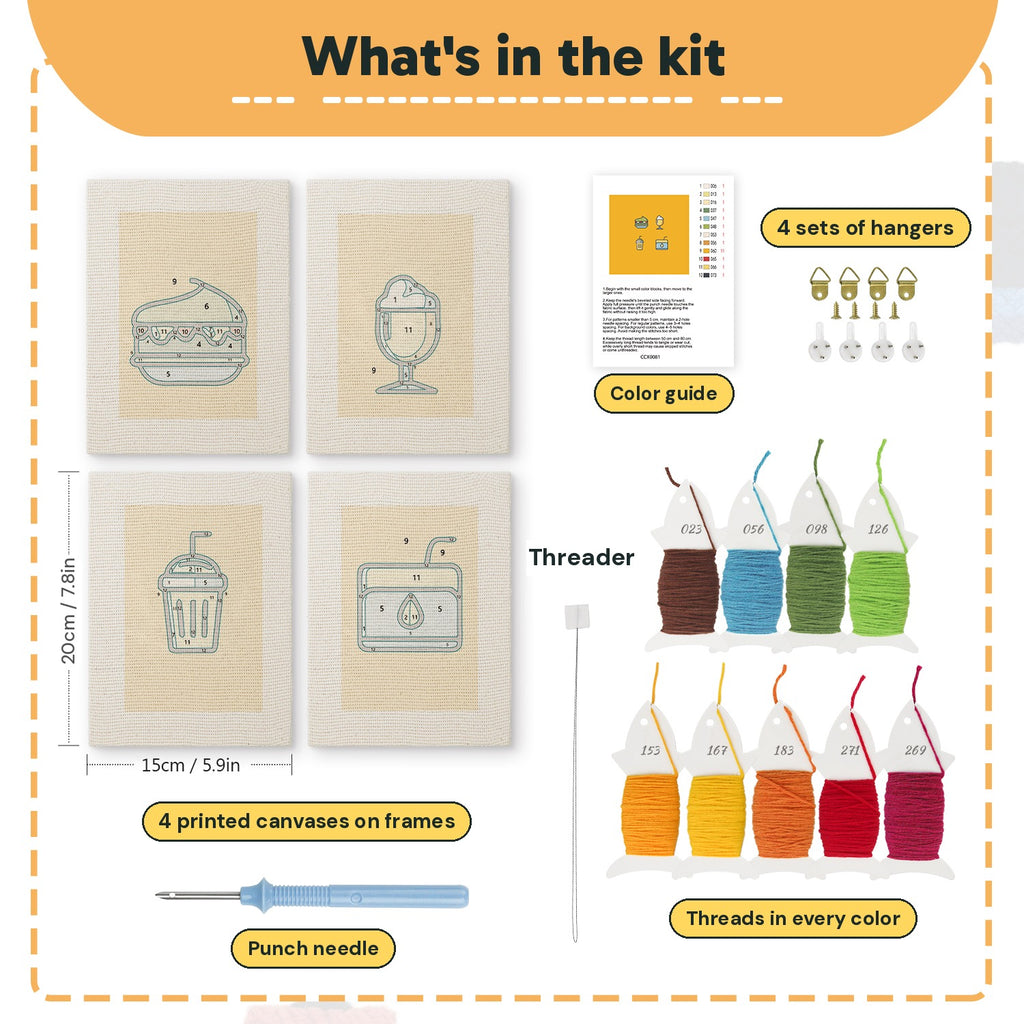 What is in the Orange Drink Stand set: 4 printed canvases, punch needle, threader, threads, color guide and 4 sets of hangers (6 × 8 in (15 × 20 cm) each)