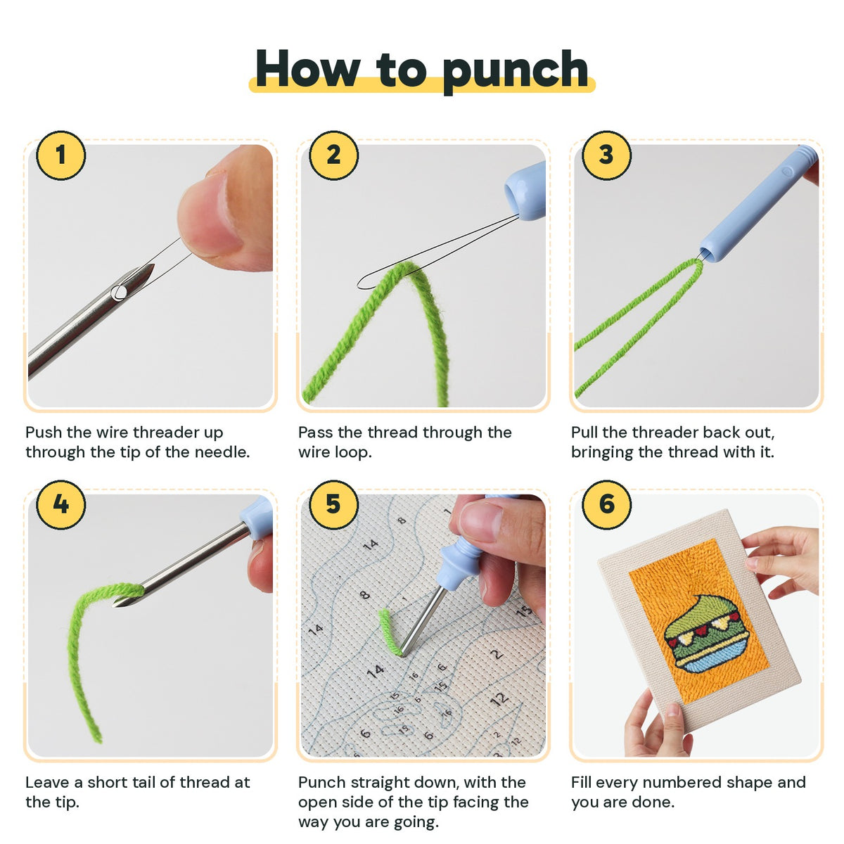 Six steps showing how to thread and use the punch needle