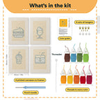 What is in the Orange Drink Stand set, 8 × 12 in (20 × 30 cm) each: 4 printed canvases, punch needle, threader, threads, color guide and 4 sets of hangers