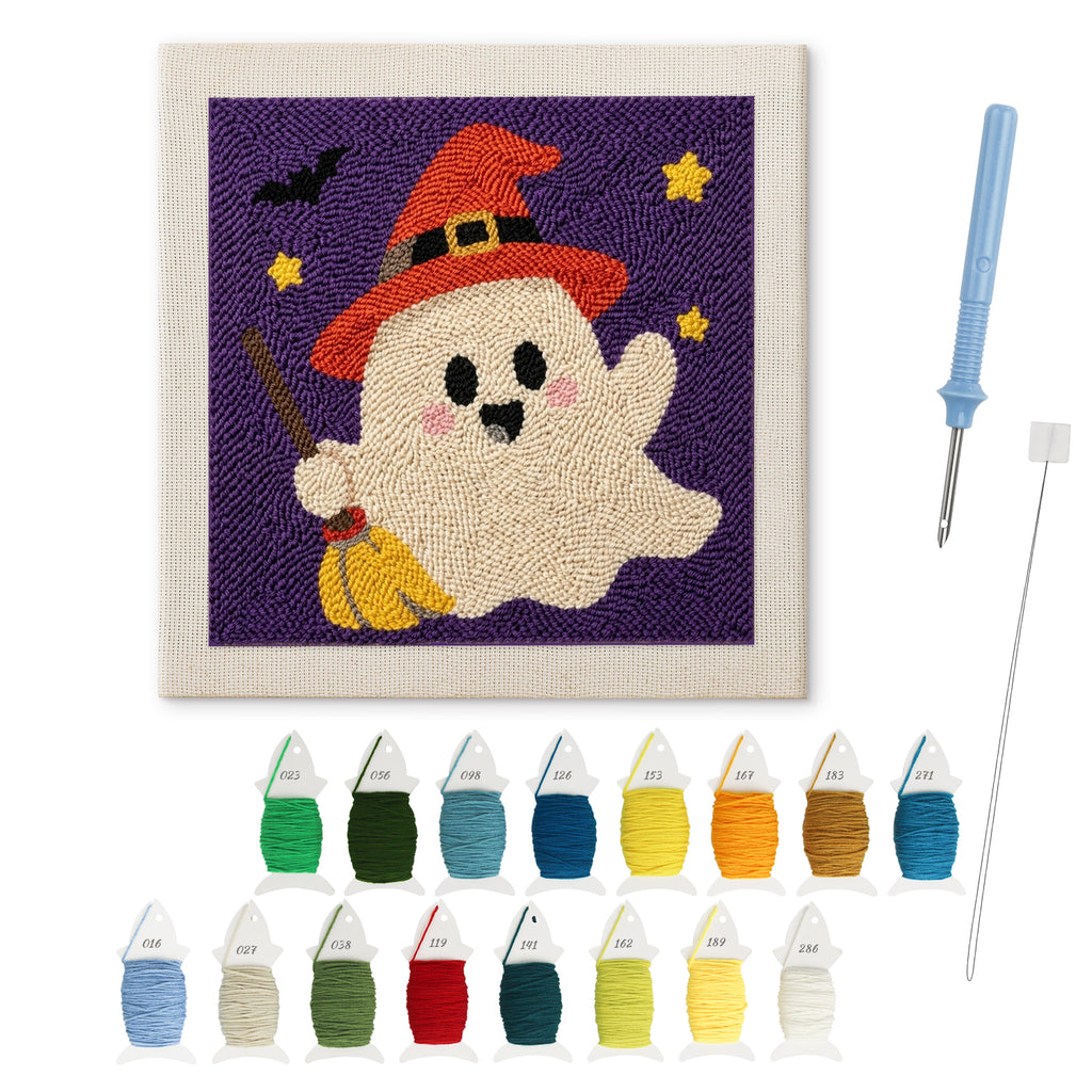 Orange Hat Ghost punch needle kit: finished canvas with threads, punch needle and threader