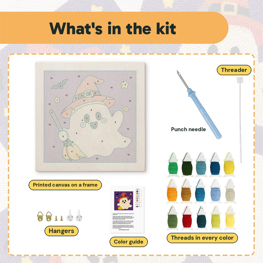 What is in the Orange Hat Ghost kit: printed canvas, punch needle, threader, threads, color guide and hangers
