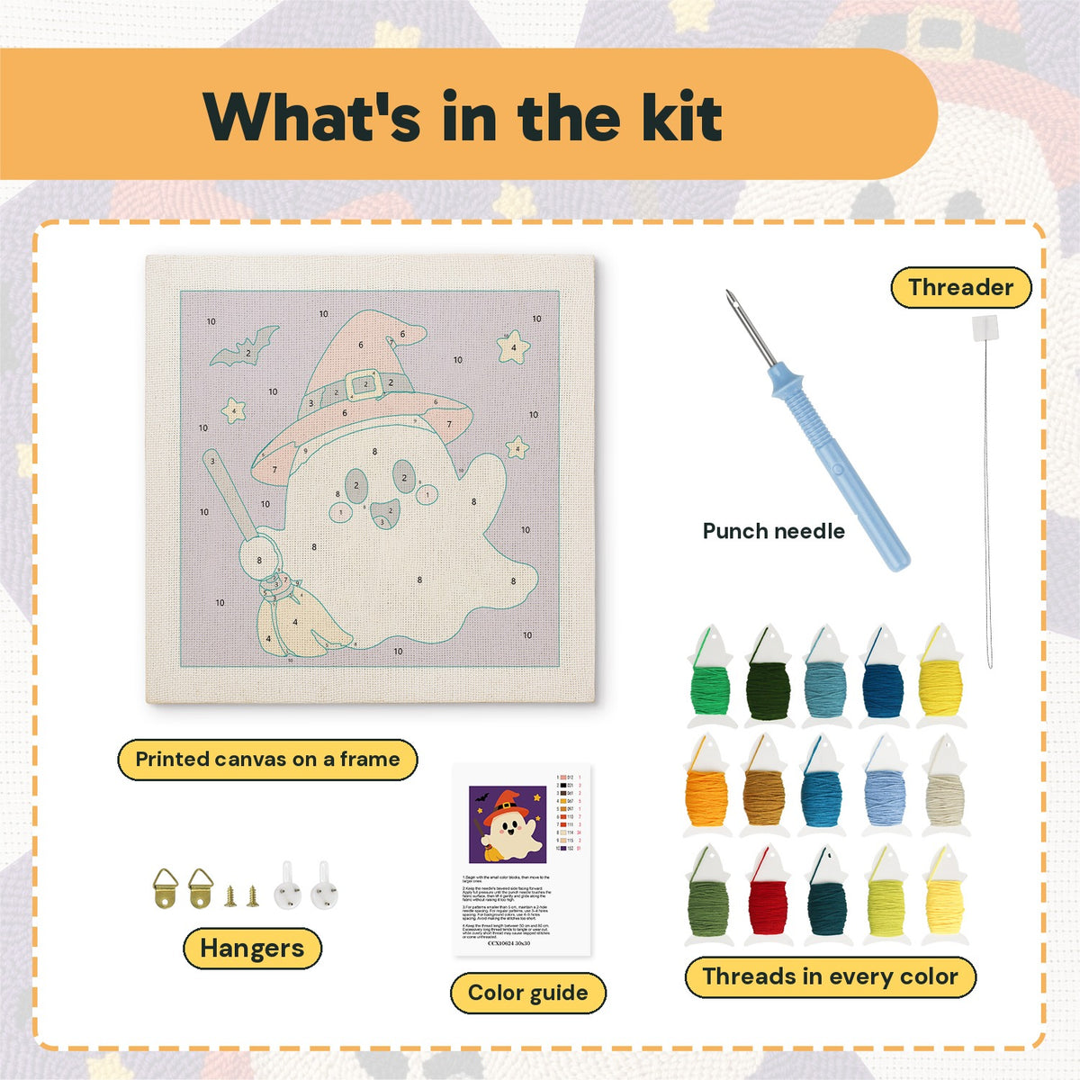 What is in the Orange Hat Ghost kit: printed canvas, punch needle, threader, threads, color guide and hangers