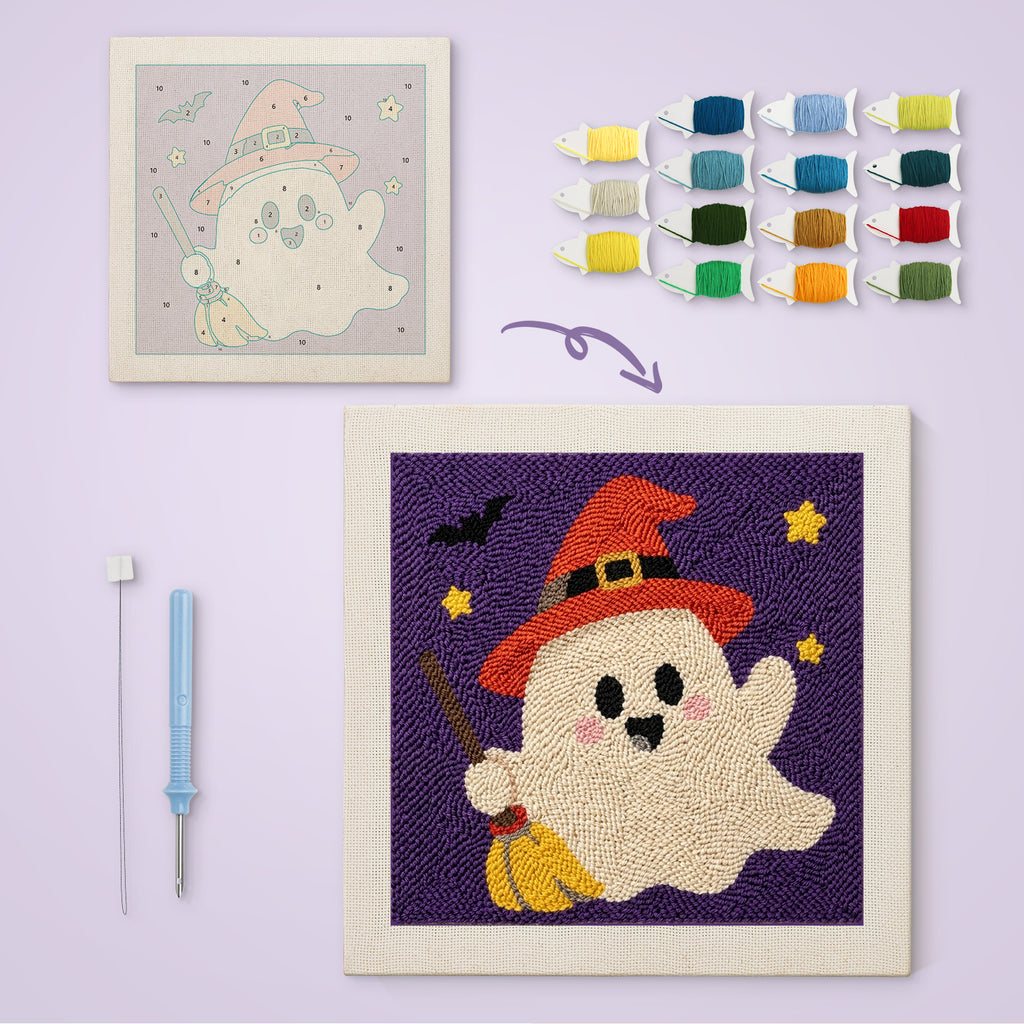 Orange Hat Ghost canvas before and after punching, with the threads and tools
