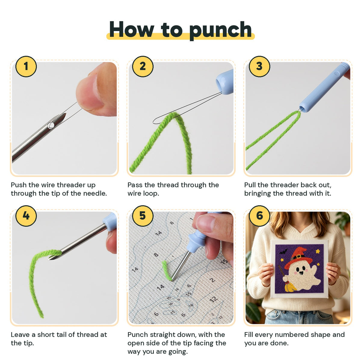 Six steps showing how to thread and use the punch needle